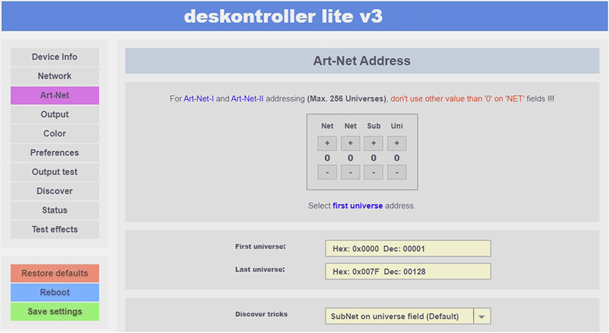 deskontroller LITE V3 ArtNet setup page.