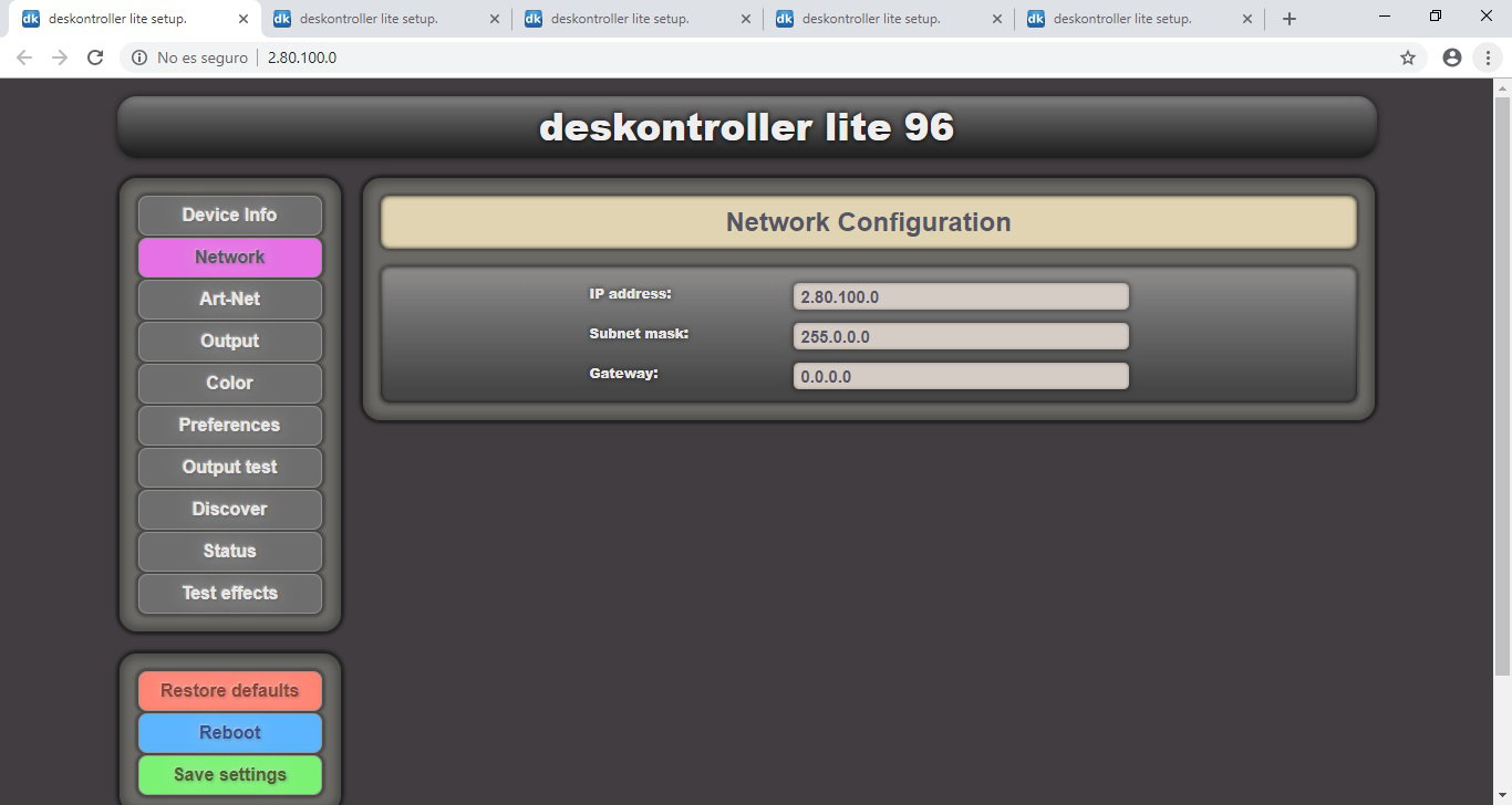 deskontroller LITE setup page network.