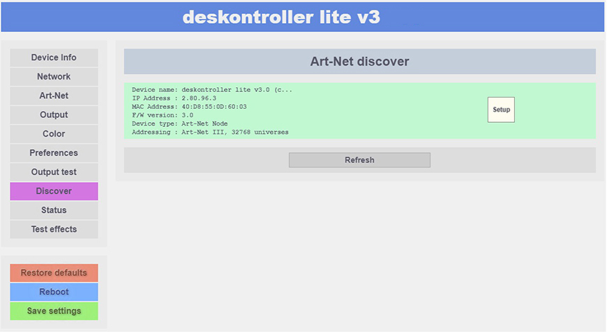 deskontroller LITE V3 Discover setup page.