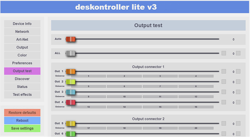 deskontroller LITE V3 Output Test setup page.