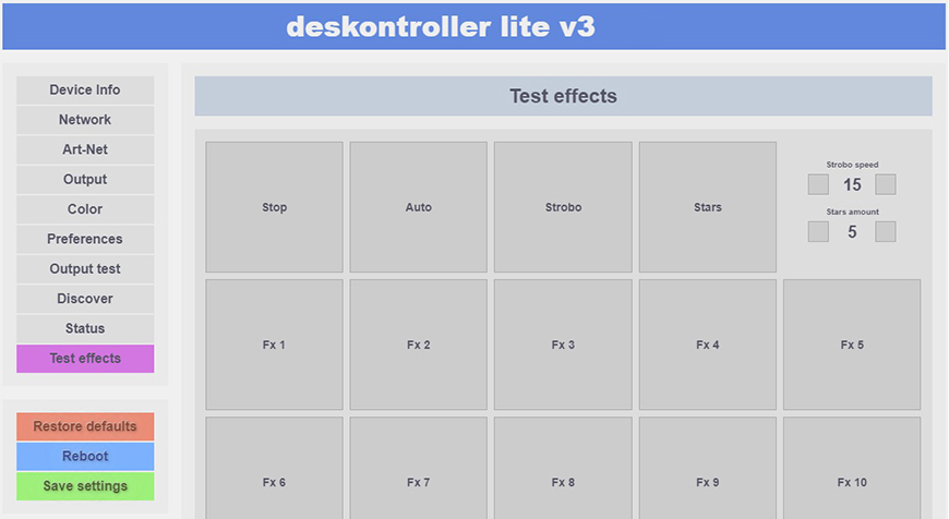 deskontroller LITE V3 Test Effects setup page.